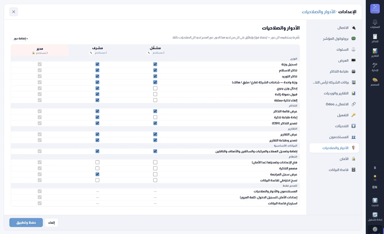 جدول الأدوار والصلاحيات